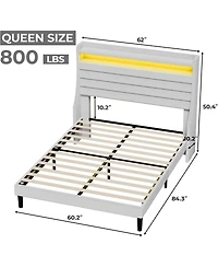 gaomon Led Bed Frame with Charging Station, Wooden Platform Upholstered Headboard and Slat Support, No Noise, Box