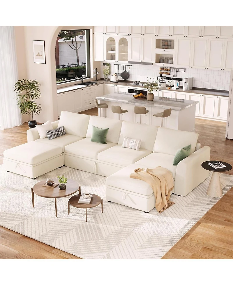 gaomon Sectional Sleeper Sofa with Pull Out Bed, Chenille Modular Sectional Couch with Pull Out Couch and Storage Seat & 2 Ottomans