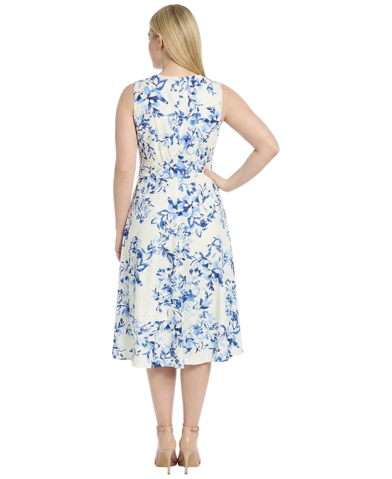 London Times Plus Printed Jewel Neck Eyelet Midi Dress