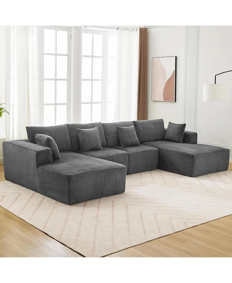 gaomon 137" Modular Sectional Sofa, Cloud Foam Sectional Couch with U-Shape Chaise/Throw Pillows/Plush Corduroy Fabric, No Assembly Required