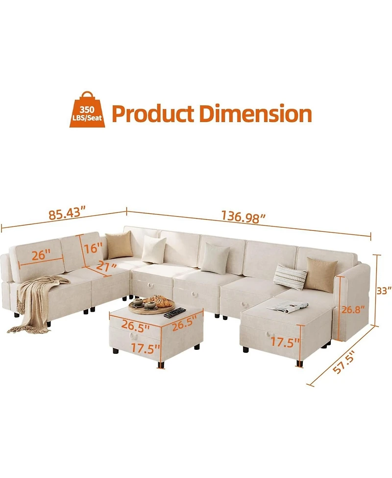 gaomon 9-Seat L-Shaped Sectional Sofa, Modular Design with Removable Storage Ottoman, Convertible Sleeper Couch for Living Room, Bedroom