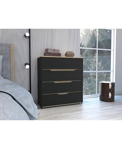 Flynama Modern 5 Drawer Dresser Wood Fabric Drawers Cabinet with Rattan Details