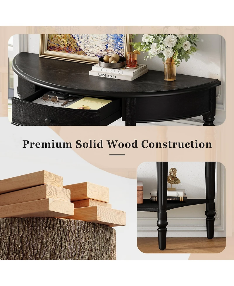 Rainsken Farmhouse Half Moon Console Table, Rustic Accent Table with Storage Drawer and Shelf, Sofa Table for Entryway, Living Room, Hallway