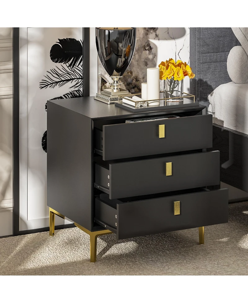 Homsee Nightstand with three drawers, wooden side table, end table with gold legs, bedside table for bedroom, living room, office