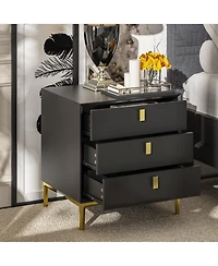 Homsee Nightstand with three drawers, wooden side table, end table with gold legs, bedside table for bedroom, living room, office