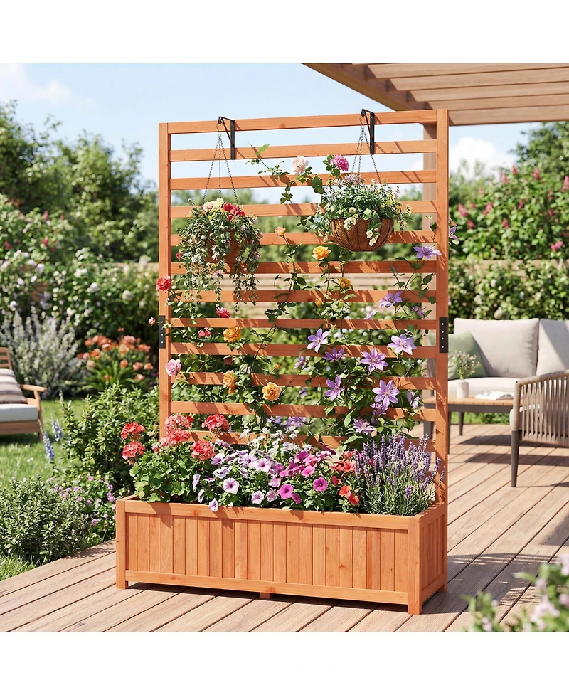 Gymax Wooden Raised Garden Bed with Vertical Trellis Liner Drainage
