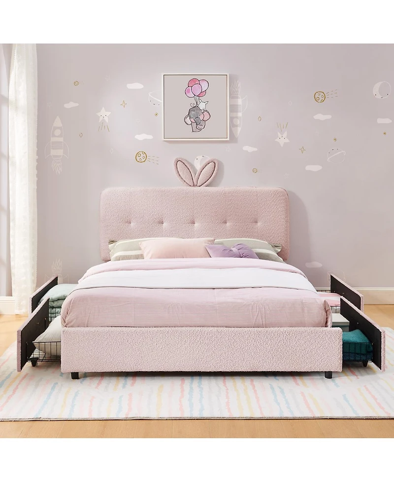 Streamdale Furniture Kids Upholstered Bed w/ Rabbit Headboard, Led and Drawers