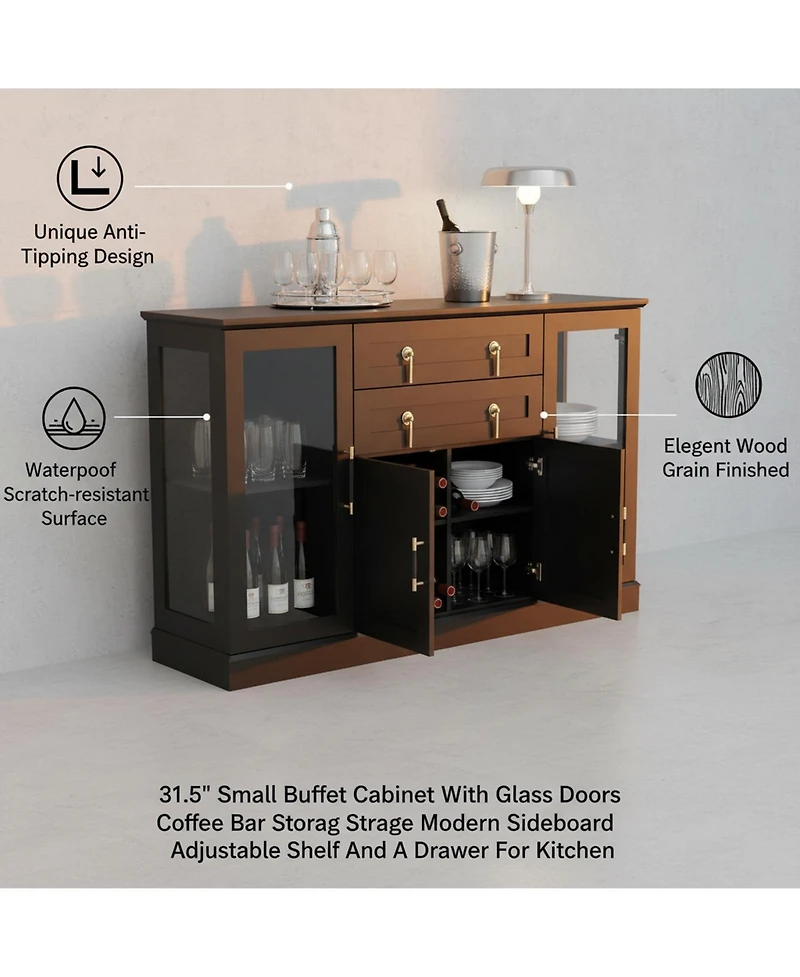 Yigii Small Buffet Cabinet Glass Doors Coffee Bar Storage Modern Sideboard Adjustable Shelf Drawer Kitchen Dining Room