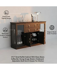 Yigii Small Buffet Cabinet Glass Doors Coffee Bar Storage Modern Sideboard Adjustable Shelf Drawer Kitchen Dining Room