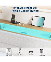 homfan Bed Frame with Led Headboard Shelf, Linen Upholstered Platform Full Strong Wood Slats Support, Easy Assembly