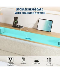 homfan Bed Frame with Led Headboard Shelf, Linen Upholstered Platform Full Strong Wood Slats Support, Easy Assembly