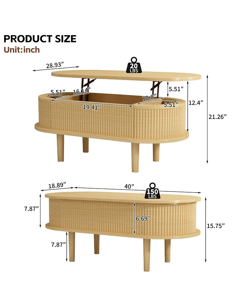 Rainsken Fluted Lift-Top Oval Wood Center Table with Hidden Storage