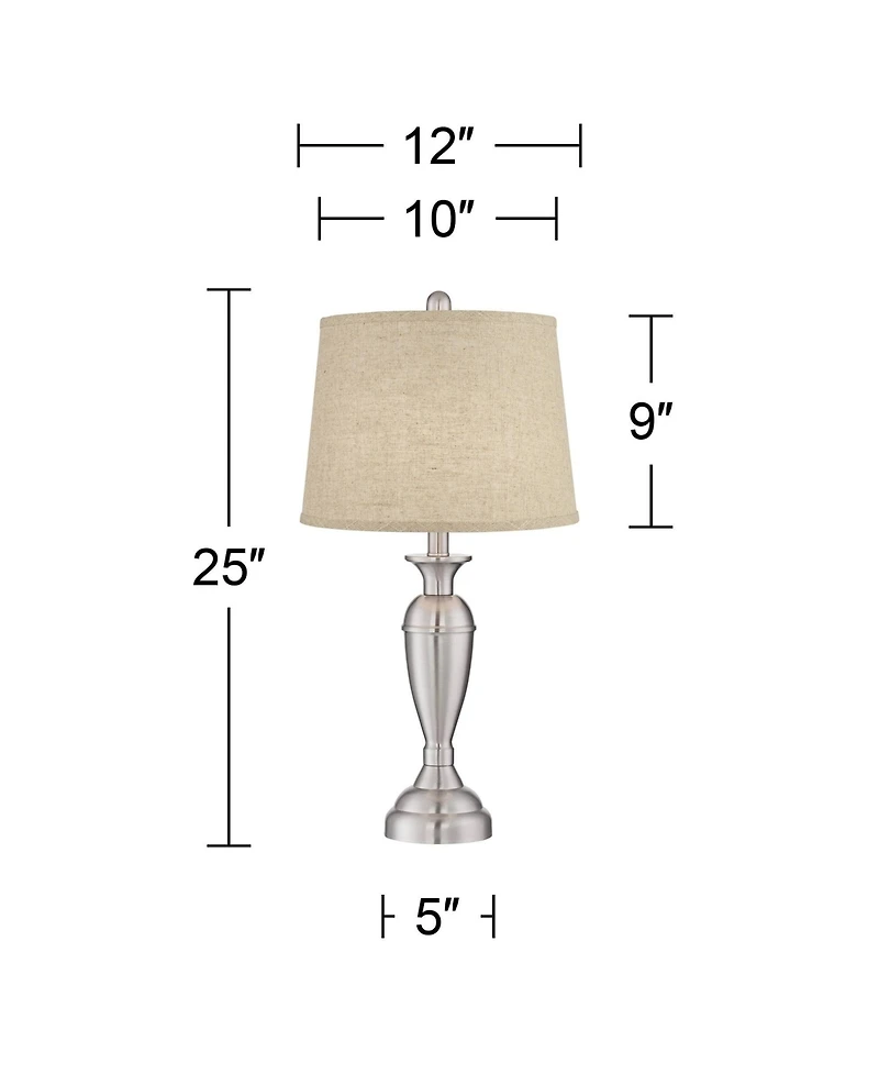 Regency Hill Blair Traditional Table Lamps 25" High Set of 2 Brushed Nickel Burlap Drum Shade for Bedroom Living Room Bedside Nightstand Office House