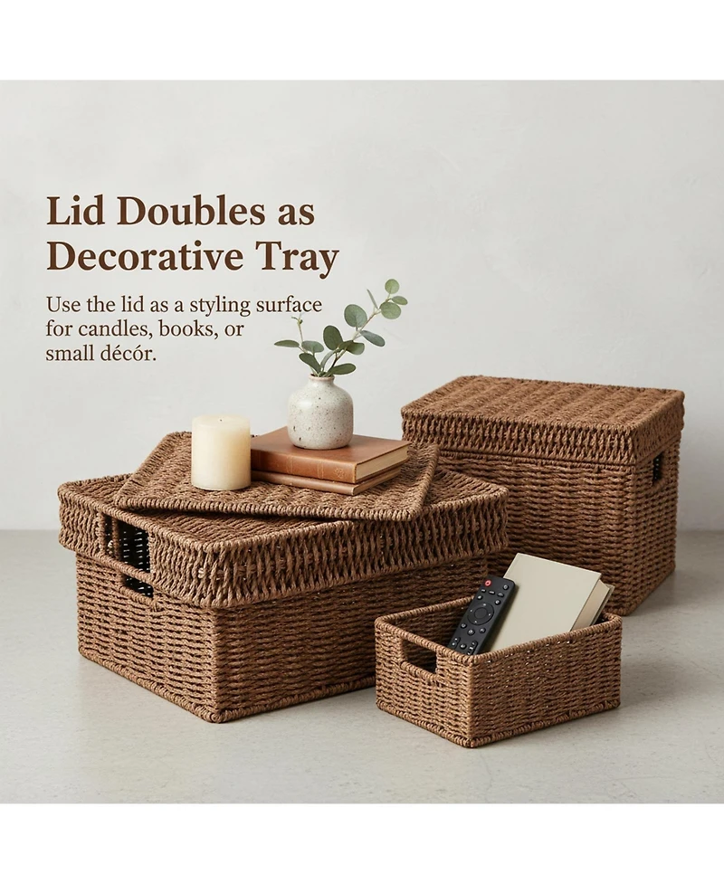 Yigii Wicker Storage Baskets With Lids 3-Piece Set Premium Plastic Rattan Handcrafted Organizing Bins for Home Decor