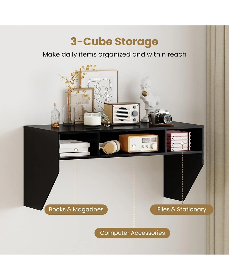 Sugift Wall-Mounted Computer Desk Floating Laptop Desk with 3 Storage Compartments