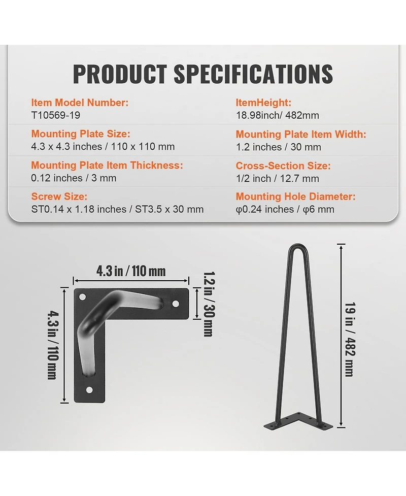 Sugift Hairpin Furniture Legs, 19", Heavy Duty Metal Legs for Diy Projects, 4PCS Black
