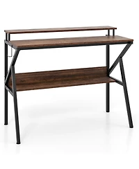Sugift Space Saving Computer Desk with Monitor Stand and Extra Storage Shelf for Work Study-Rustic Brown