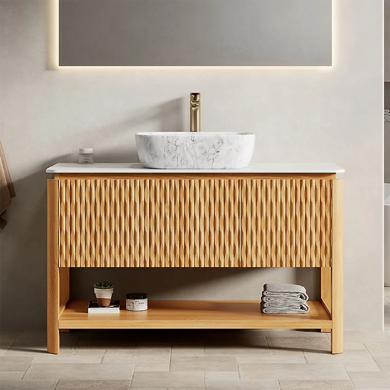 Sillysis Modern Bathroom Vanity with Fluted Solid Wood Doors, Carrara Sintered Stone Top