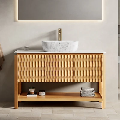 Sillysis Modern Bathroom Vanity with Fluted Solid Wood Doors, Carrara Sintered Stone Top