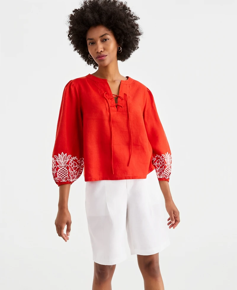 Charter Club Women's Embroidered Blouson-Sleeve 100% Linen Blouse, Macy's Exclusive