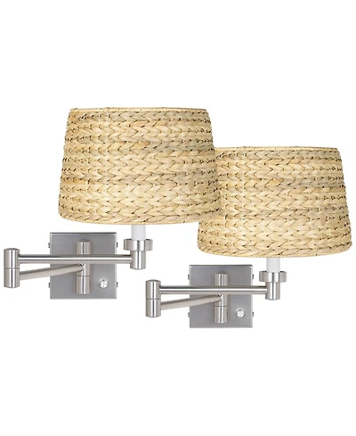 Possini Euro Design Modern Swing Arm Wall Lamps Set of 2 Brushed Nickel Plug-In Light Fixture Woven Seagrass Shade Bedroom Bedside