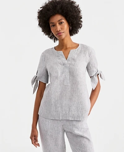 Charter Club Women's 100% Linen Split-Neck Tie-Cuff Top, Created for Macy's