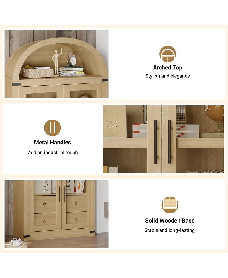 gaomon 71" Arched Farmhouse Bookshelf with Glass Doors and Drawers, Display Cabinet with Metal Corners, Oak