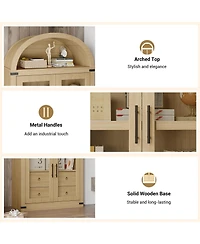 gaomon 71" Arched Farmhouse Bookshelf with Glass Doors and Drawers, Display Cabinet with Metal Corners, Oak