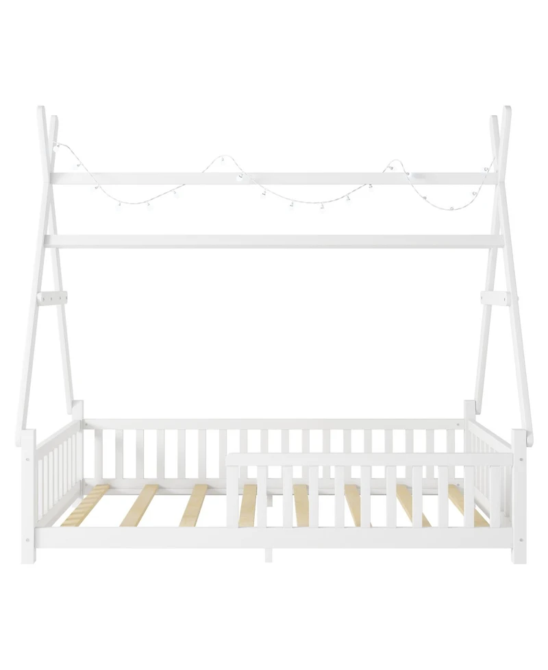 Streamdale Furniture Twin House Bed with Light, Low Floor, Fence and Roof