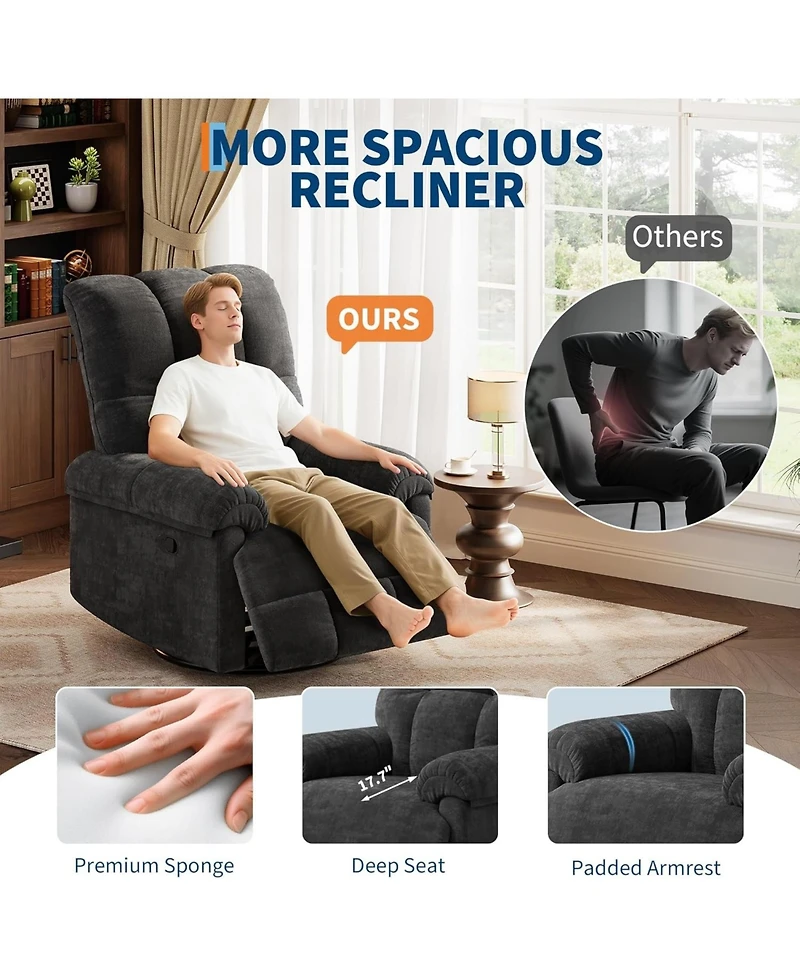 gaomon Recliner Chair, 360 Swivel Rocker Glider Nursery Chair with Padded Armrest and Deep Seat, Chenille Upholstered Reclining Sofa Chair.