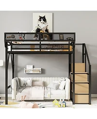 Streamdale Furniture Full Size Loft Bed with Stairs, Metal, Wardrobe