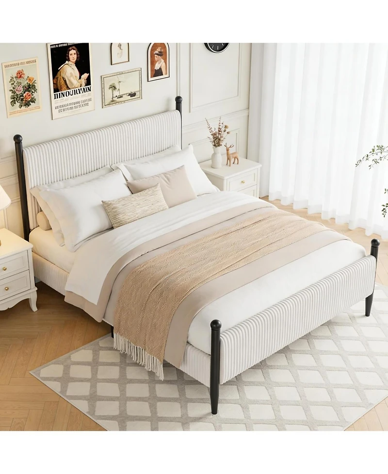 gaomon Queen Upholstered Bed Frame with Velvet Headboard, Corduroy Platform, Wood Slats Support