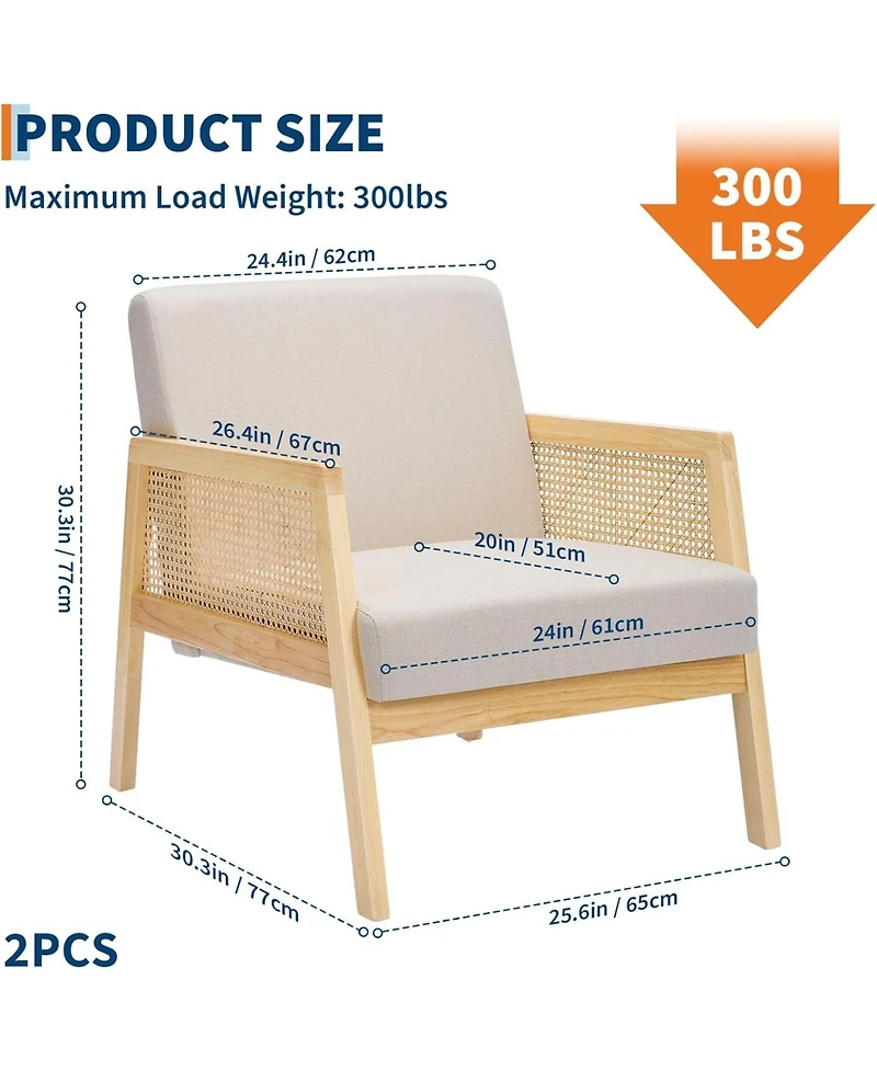 gaomon Wood Accent Armchair with Rattan Backrest and Linen Cushion