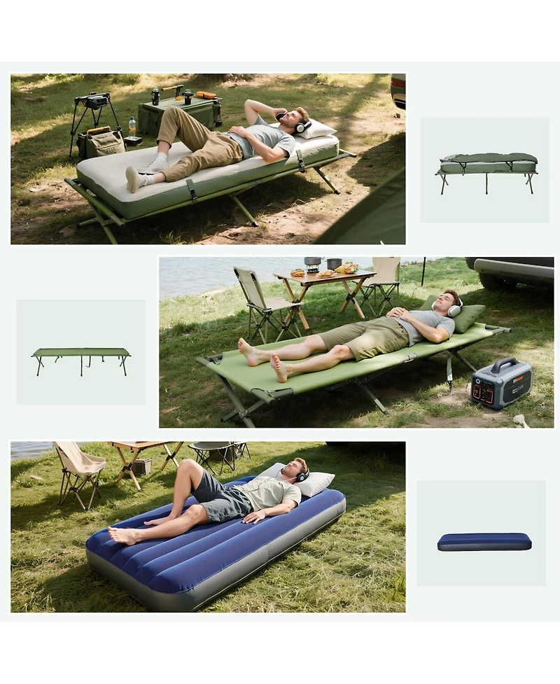 Outsunny Multifunctional Folding Camping Cots for Adults, Elevated Tent with Sleeping Bag, Thick Air Mattress Pad, Portable Single Sleeping Cot Campin