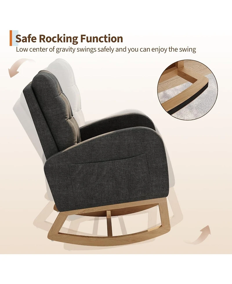 gaomon Nursery Rocking Chair,Linen Fabric Upholstery,Sturdy Wooden Legs and High Backrest,Comfortable Glider Rocking Chair for Living Room