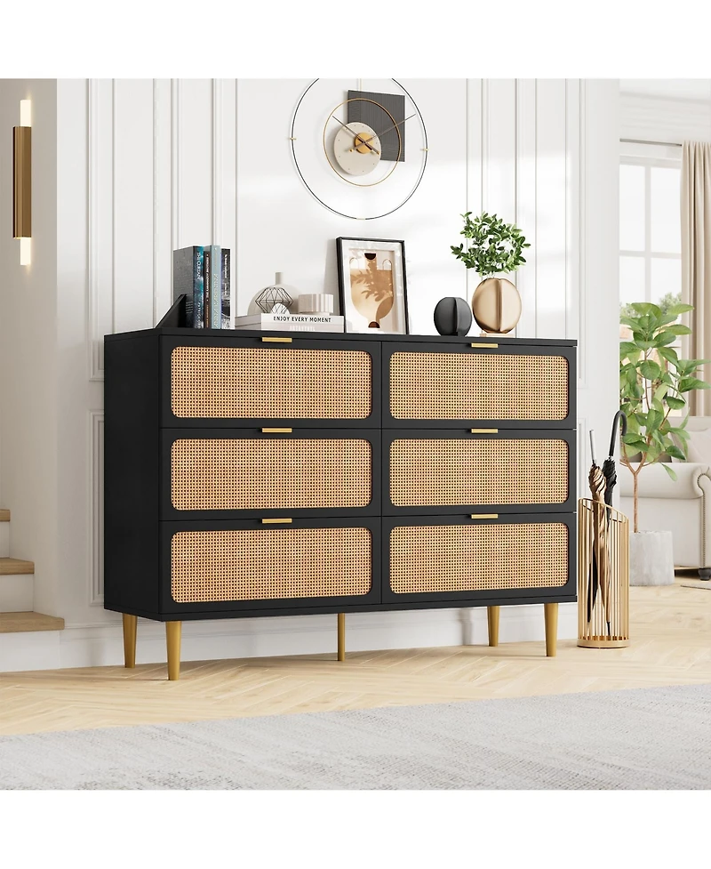 gaomon Rattan 6 Drawer Dressers for Bedroom, Large Double Dresser with Deep Drawers