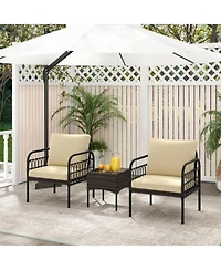 Clihome 3 Pieces Patio Wicker Conversation Set with Cushions and Tempered Glass Coffee Table