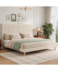 Homfan Velvet Bed Frame, Vertical Channel Tufted Headboard, Height Adjustable
