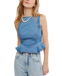 Free People Women's Sunfaded Boat Neck Denim Cotton Top