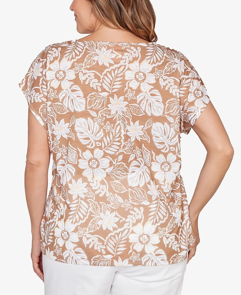 Hearts Of Palm Plus Printed Embellished Slub Top