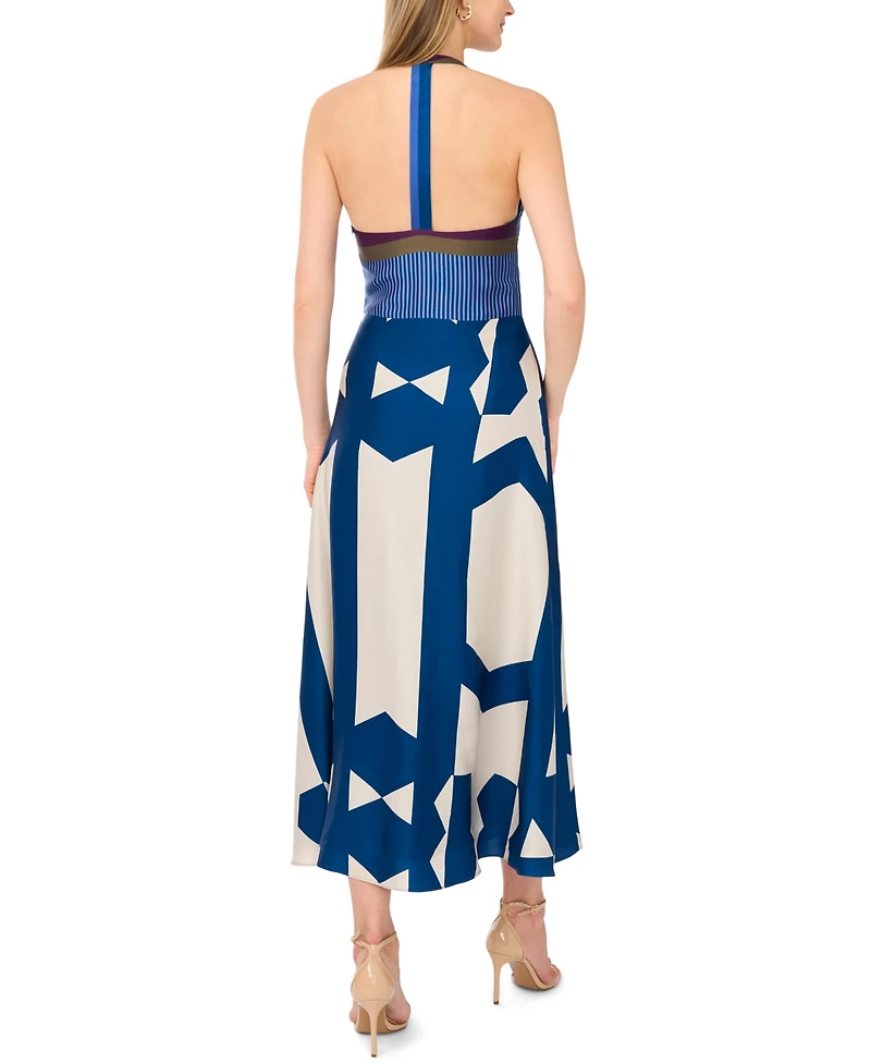 Vince Camuto Women's Mixed-Print V-Neck Maxi Halter Dress