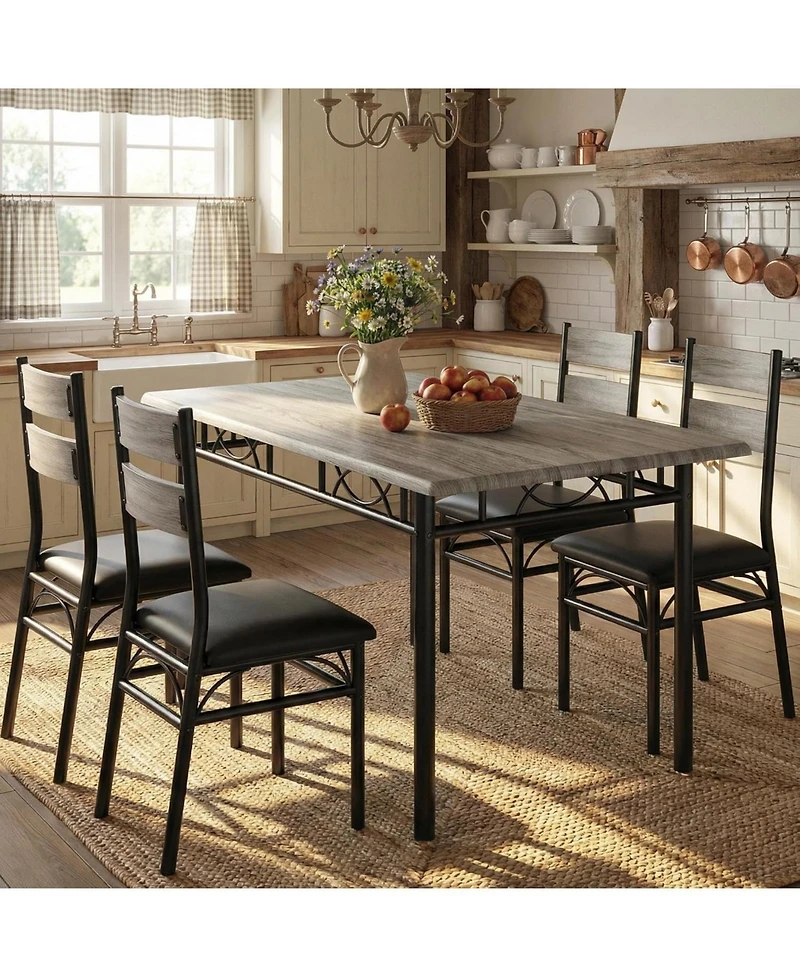 gaomon 5 Piece Dining Table Set for 4, Wooden Industrial Rectangular Kitchen Dinner Table w/ 4 Upholstered High Back Chairs Set, Sturdy Metal Frame