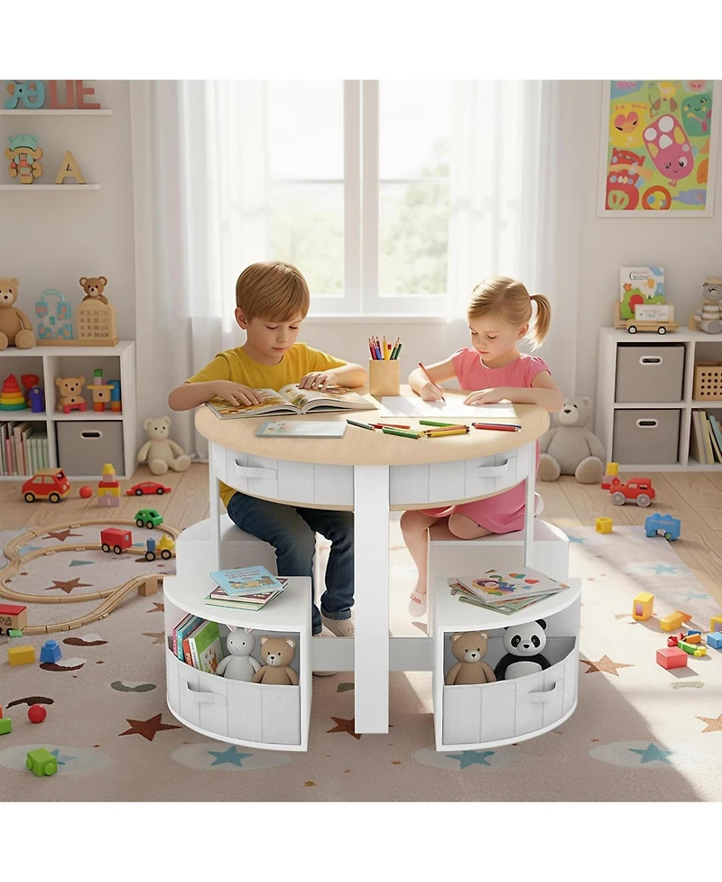 gaomon Kids Table and Chair Set, 5 Pieces Wooden Round Nesting Design Children Multi-Activity Table With 4 Storage Stools and 4 Fabric Drawers