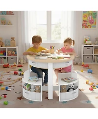 gaomon Kids Table and Chair Set, 5 Pieces Wooden Round Nesting Design Children Multi-Activity Table With 4 Storage Stools and 4 Fabric Drawers
