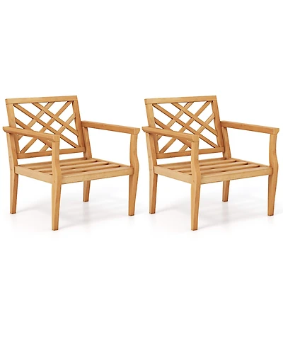 Gymax 2PCS Patio Dinning Chair w/ Cozy Backrest and Armrests Slatted Seat and Solid Legs