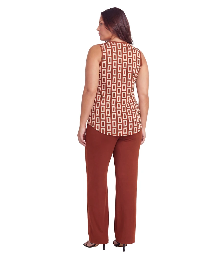 24seven Comfort Apparel Plus V Neck Top and Elastic Waist Flared Pant Set