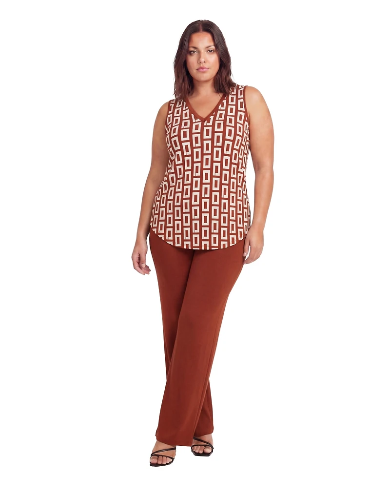 24seven Comfort Apparel Plus V Neck Top and Elastic Waist Flared Pant Set