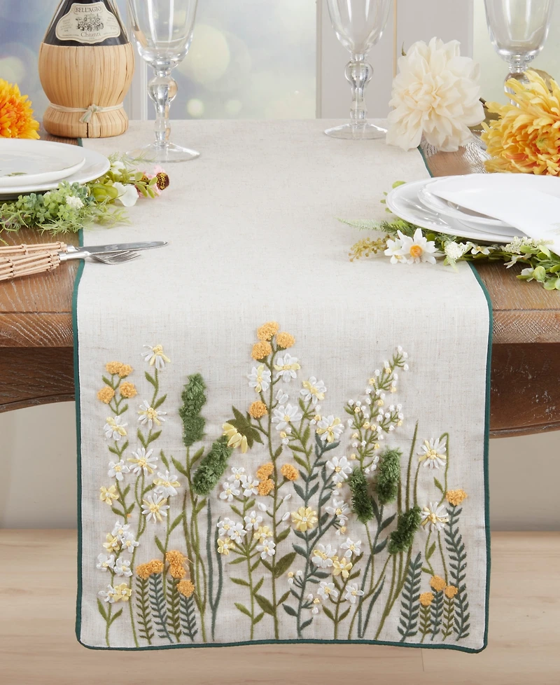 Saro Lifestyle Embroidered Linen Blend Floral Table Runner, 16" x 72"
