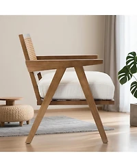 gaomon Mid-Century Farmhouse Accent Chair - Wood Armchair with Rattan Backrest and Linen Cushion for Living Room, Bedroom