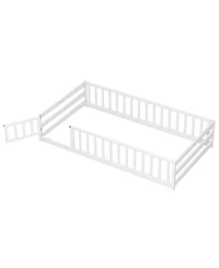 Gouun Twin Size Kids Montessori Floor Bed with Lockable Door and Fence Guardrails